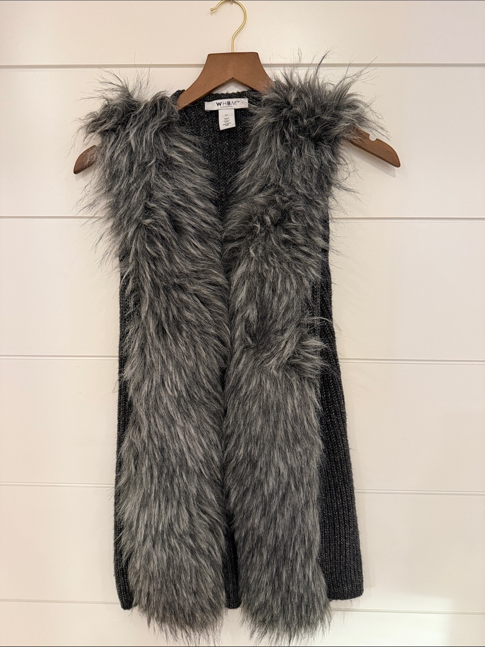 White House Black Market Gray Faux Fur Trim Knit Vest